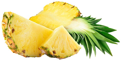 Pineapple isolated png. Pineapple half with slices on transparent background. Cut pineapple with...