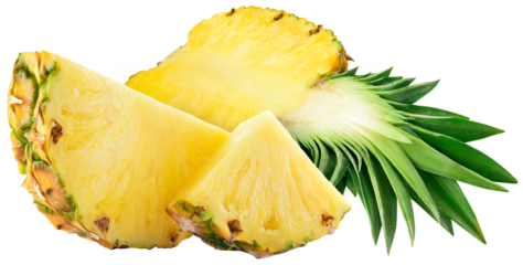 Pineapple isolated png. Pineapple half with slices on transparent background. Cut pineapple with leaf no background. Pineapple slices transparent png. Full depth of field.