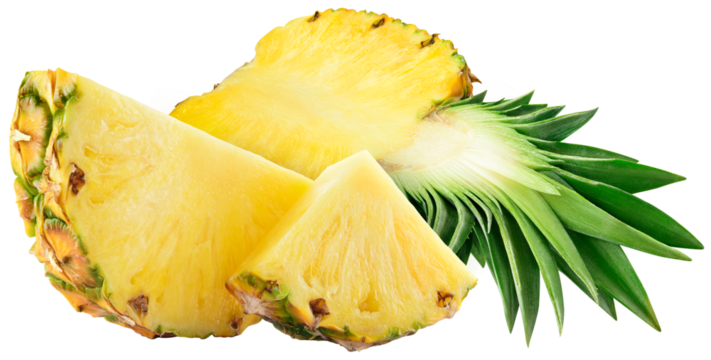Pineapple isolated png. Pineapple half with slices on transparent background. Cut pineapple with leaf no background. Pineapple slices transparent png. Full depth of field.