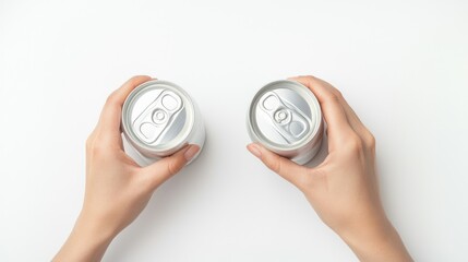 Top-down view of two hands clinking white aluminum beer cans, fingers touching, on a white background.