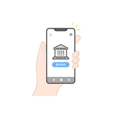 手に持ったスマホでネットバンキングを操作するベクターアイコン(フラット)