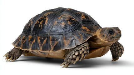 Fototapeta premium Red Book Ploughshare Tortoise - standing, shell pattern visible, isolated on white background