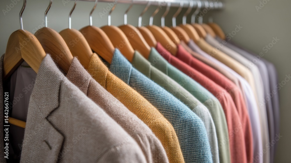 Poster multiple blazers in various colors hang elegantly on wooden hangers. the closet reflects a harmoniou