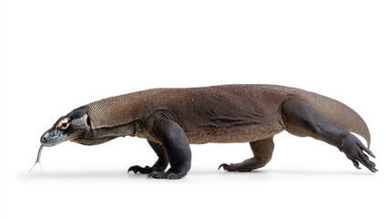 Komodo Dragon - walking, tongue extended, isolated on white background