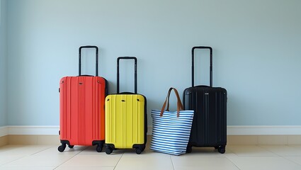 Luggage and Beach Bag by Colorful Wall Ready for Vacation Travel