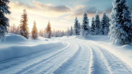 Fototapeta premium A charming winter path adorned with snow-covered trees, beautifully illuminated by the soft sunlight, inviting you to stroll through this serene and picturesque landscape.