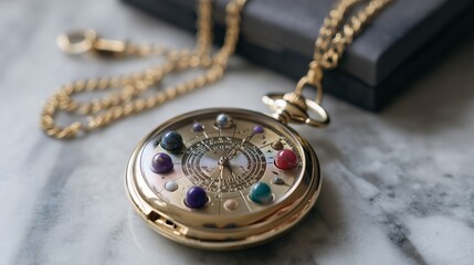 Unique vintage pocket watch with intricate design and colorful gemstones rests on a marble surface