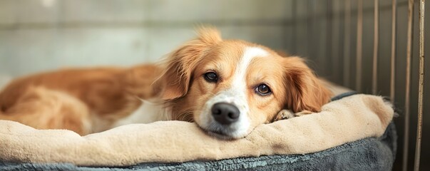 A cute tan and white dog rests in a comfy bed
