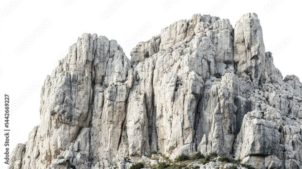 Poster towering granite cliffs with sharp ridges on white background