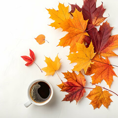 Autumn Coffee: Flatlay of Coffee Cup and Colorful Fall Leaves