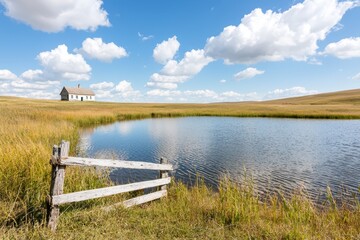 Dramatic landscape featuring a farmhouse by a lake under a cloud-filled sky, suitable for various artistic and commercial uses.