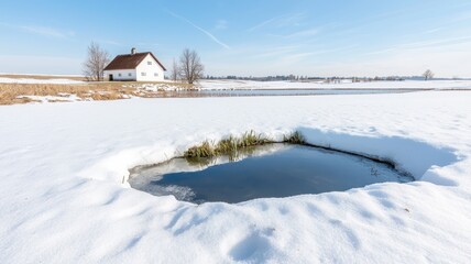 A serene early spring landscape featuring a farmhouse by a lake, captured in high-resolution detail.