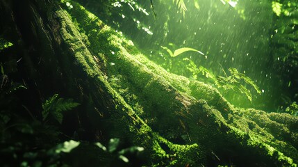 Fototapeta premium Rainkissed moss coats a fallen log