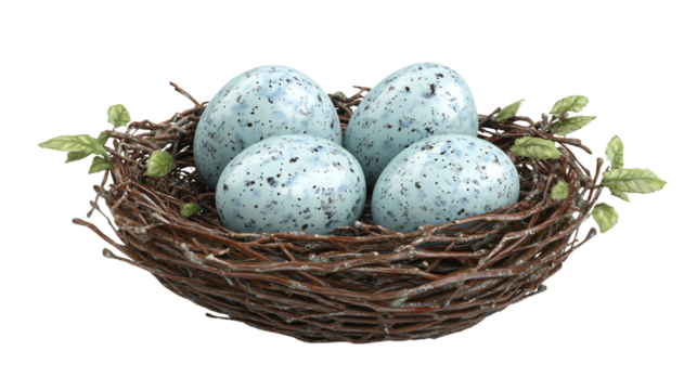 Realistic Bird Nest with Blue Eggs Isolated on White Background