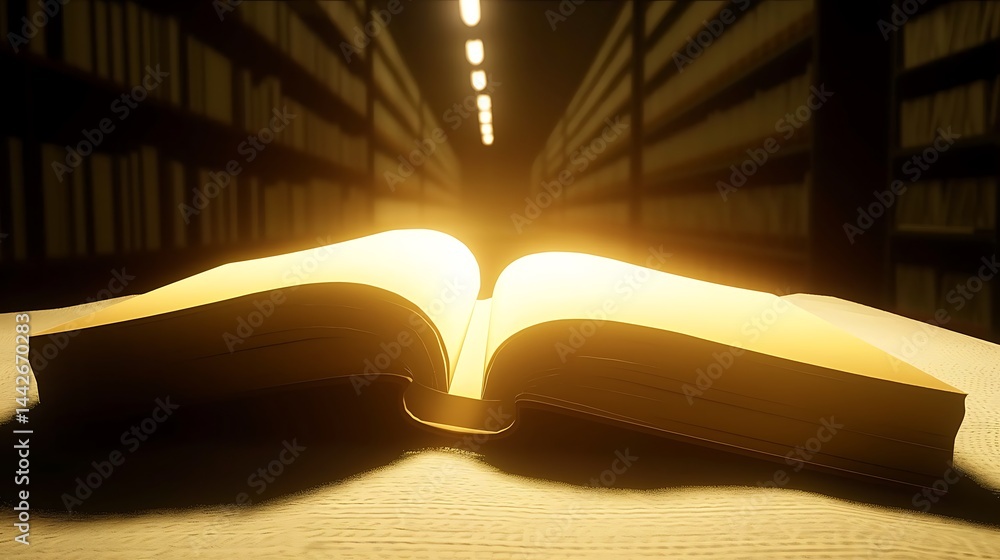 Poster illuminated wisdom: an open book in a library radiating knowledge