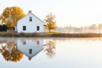 Fototapeta premium Stunning farmhouse landscape by a lake during morning light, featuring reflections and serene scenery.