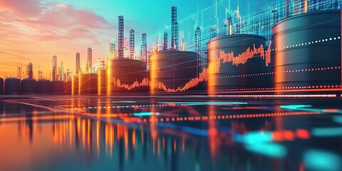 Large industrial storage tanks with digital graph overlays reflecting on wet ground under a sunset sky.