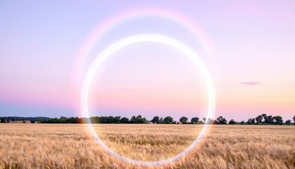 Celestial sunset over golden wheat fields rural landscape photography tranquil environment wide-angle view nature's serenity