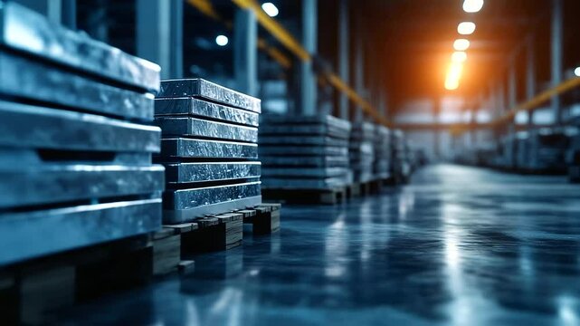 Stacks of raw beryllium element ingots beside labeled crates for alloy preparation in a scientific manufacturing zone.
