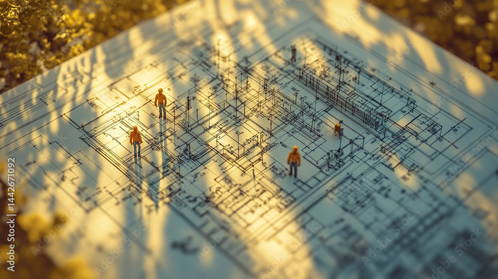 Poster close up of building plan with tiny engineers exploring design in surreal setting
