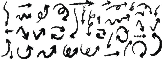 Hand Drawn Brush Arrow Vector Set. Doodle Arrows with Curves, Swirls, and Directional Designs. Eps 10