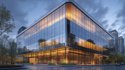 Obraz premium modern glass building exterior reflecting evening sky, showcasing sleek architecture and urban