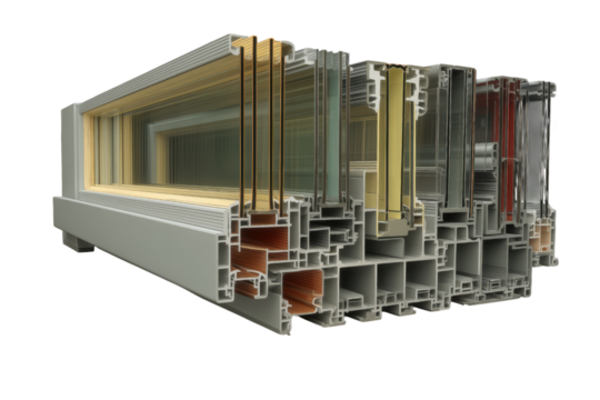 Detailed Cross Section Of A Modern Window Frame With Multiple Glass Layers isolated on a transparent background