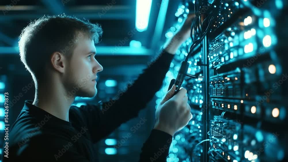 Poster technician plugs diagnostic tool into rack-mounted server, confirming security protocols. cool hues 