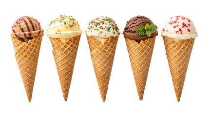Delicious Ice Cream Cones in Variety of Flavors, PNG and transparent background