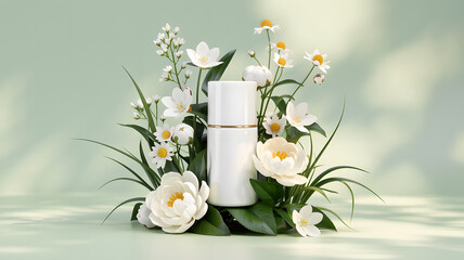 White cosmetic container nestled amongst delicate white flowers, creating a serene and elegant image.
