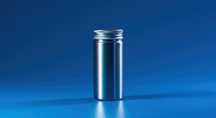 Metallic cylinder bottle on blue background