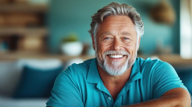 A cheerful senior man with a gray beard and bright smile in a turquoise shirt, shot in a blurred outdoor setting that conveys warmth and positivity.