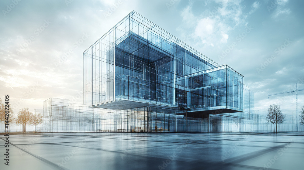Poster conceptual building design blueprint merging with 3d elements, showcasing modern architecture