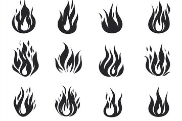 Twelve black flame icons; graphic design elements; white background; website design