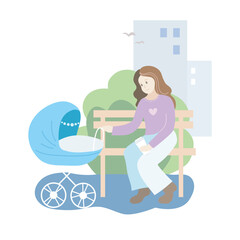 Mother with blue baby stroller in the park. Spring season