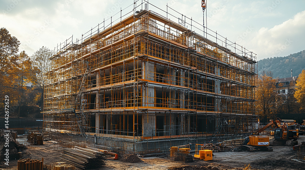Poster mid build concrete structure surrounded by scaffolding, showcasing construction progress