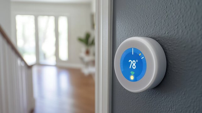 Smart thermostat mounted on a wall.  Modern home interior, smart home technology, controlling temperature