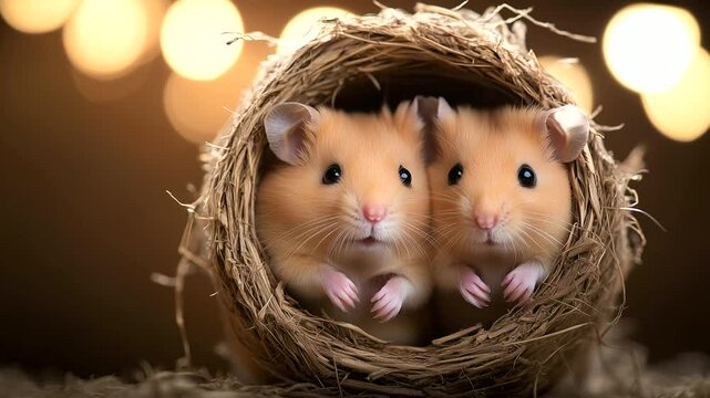 Three hamsters nestled together in a wheel, positioned in a triangle formation like best friends. Soft shadows enhance the intimate and playful tone.