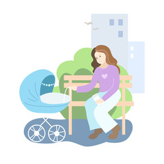 Mother with blue baby stroller in the park. Spring season