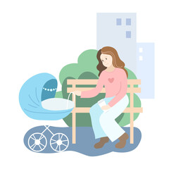 Mother with blue baby stroller in the park. Summer season