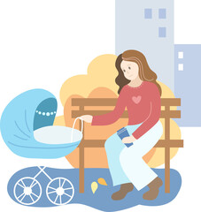 Obraz premium Mother with blue baby stroller in the park. Autumn season