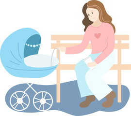 Obraz premium Mum with blue baby stroller in park
