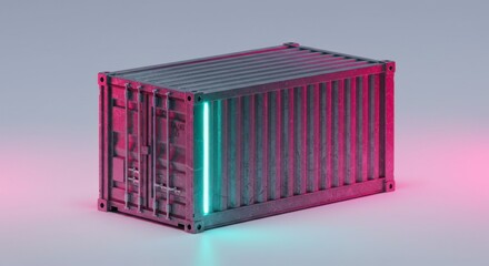 Metallic shipping container rendered with teal and magenta lighting