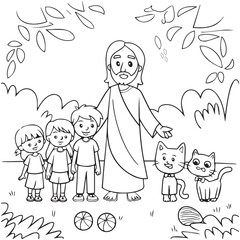 Jesus with Children and Animals – Line Art Coloring Page