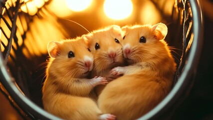 Warm-toned scene with three hamsters cozily tucked into the curve of a metal wheel, one gently grooming another. A peaceful moment in home pet care.