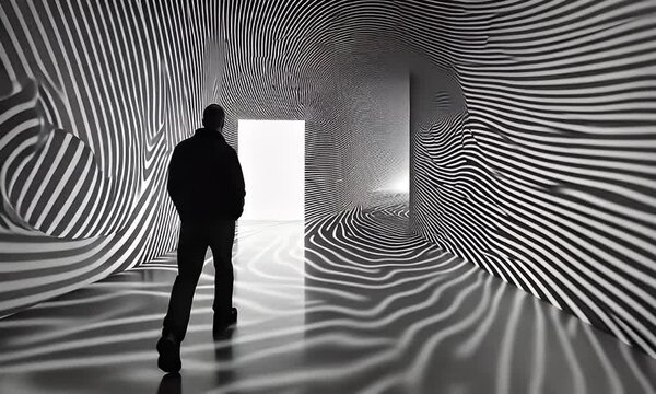 Person observing an optical illusion art installation.