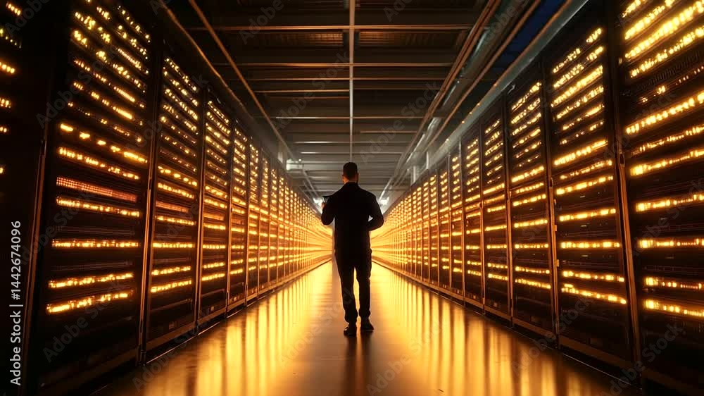 Poster wide shot of it technician walking between rows of illuminated server racks, scanning network stabil