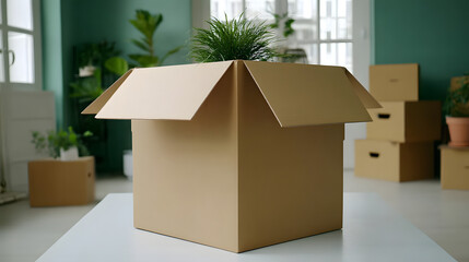A bright room filled with moving boxes and assorted furniture items, symbolizing relocation, home transition, or a fresh start, ideal for real estate, housing market, or lifestyle editorial use.
