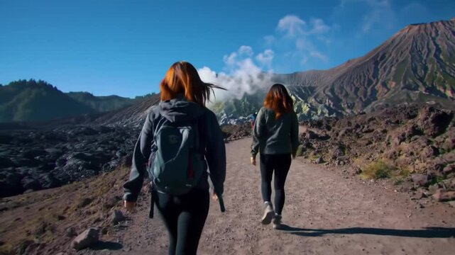 Adventurers embark on a hiking trail at Mount Rinjani in Indonesia, experiencing breathtaking landscapes and volcanic features under clear skies.