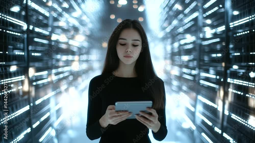 Poster young female engineer stands proudly in the middle of a futuristic server corridor, using a tablet f